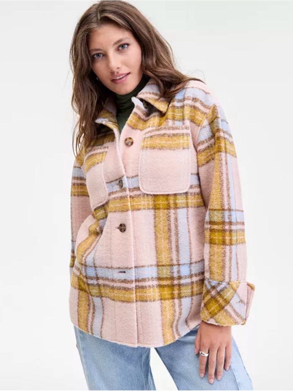 On 34th Women's Pink Plaid Shacket Jacket with Mustard & Blue Accents Size L